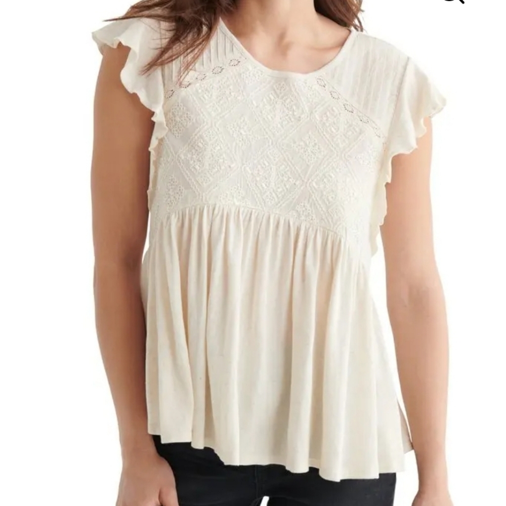 Lucky Brand Embroidered Flutter Sleeve Dolman Top
